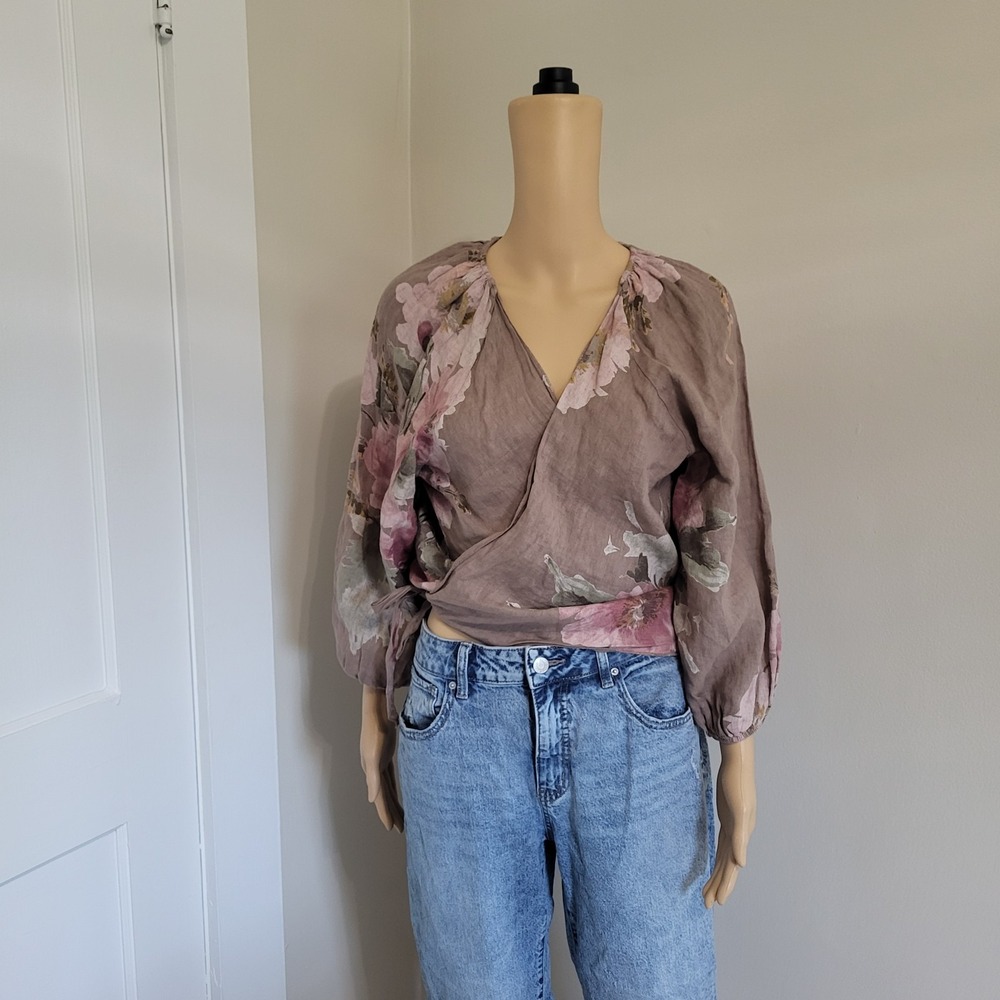 Tempo Paris 100% Linen Floral Print Wrap Blouse Shirt Women's Size M/L